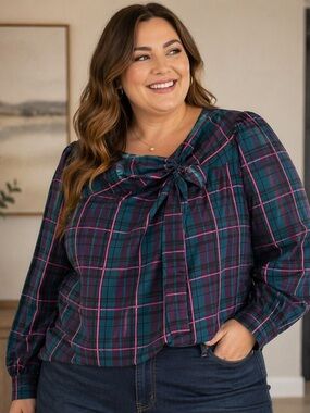 Eloquii Plaid Long Sleeve 100% Cotton Teal Pink Blouse Women’s 24 Plus Size